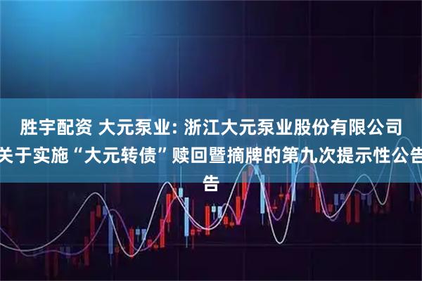 胜宇配资 大元泵业: 浙江大元泵业股份有限公司关于实施“大元转债”赎回暨摘牌的第九次提示性公告